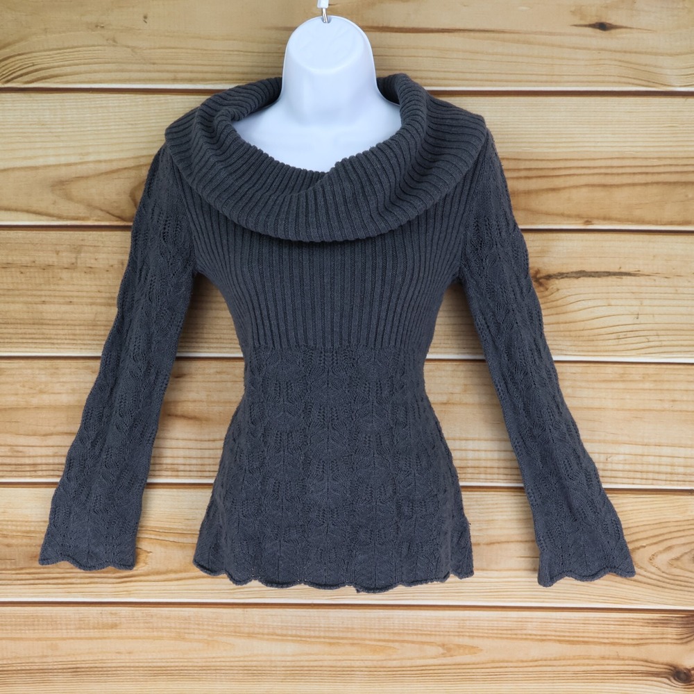 Style & Co. Cowl Neck Sweater Womens PS Gray Cotton Blend Bell Sleeves Scalloped